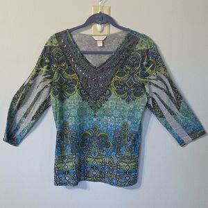 Embellished V-Neck Tunic Top - Blue and Green